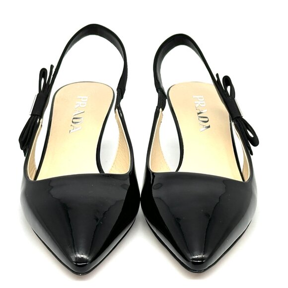 PRADA Triangle Logo Bow Pointed Toe Kitten Heel Slingback Pumps Sandals - Picture 6 of 16